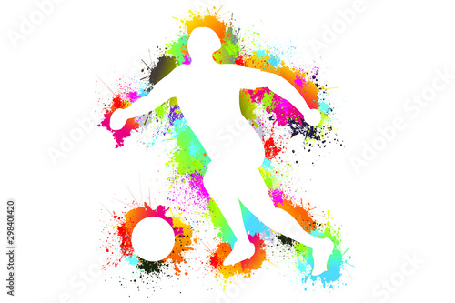 Silhouette of soccer football player. Vector colorful paint, drops, ink splashes, Sport, Goal, Exercise, Logo, Symbol. Illustration background.