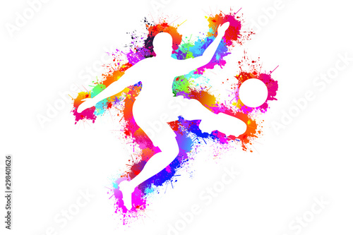 Popular sports  Soccer player kicks the ball  Goal  Exercise  Symbol  Silhouette  Fire flame  Beautiful colors  drops ink splashes  background. Vector illustration.
