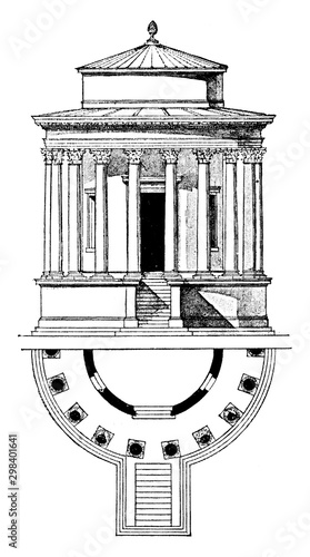 Temple of Vesta, Tivoli,  the early first century BCE, vintage engraving.