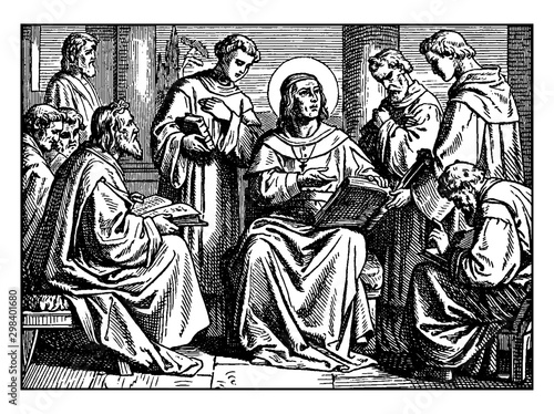Saint Augustine of Hippo Teaches from His Writings vintage illustration.