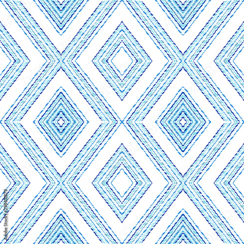 Azure Shibori Repeat Seamless Pattern. Air Rhombus Mexican Watercolor Pattern. Rhombus Traditional Background. African Tie Dye Traditional Watercolor Motif. Rhombus. © Natallia