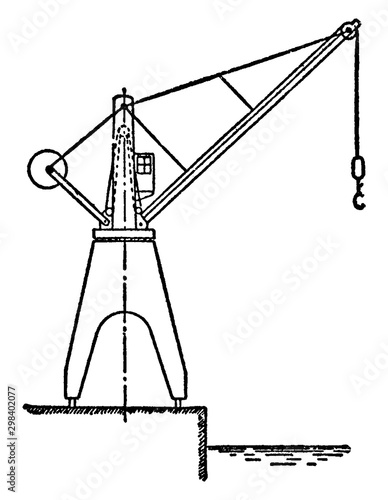 Hydraulic Dockside Jib Crane, used inside workshops, vintage engraving.
