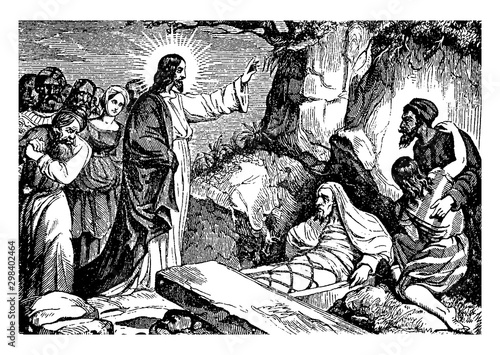 Jesus Resurrects Lazarus of Bethany vintage illustration.