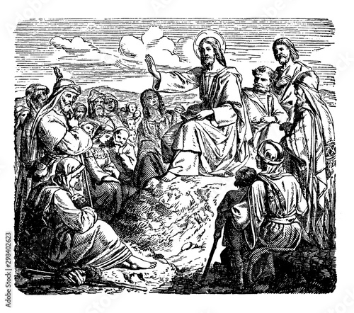 The Sermon on the Mount - Jesus Preaches to the Multitudes vintage illustration.