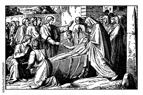 Jesus Raises the Son of the Widow of Nain vintage illustration.