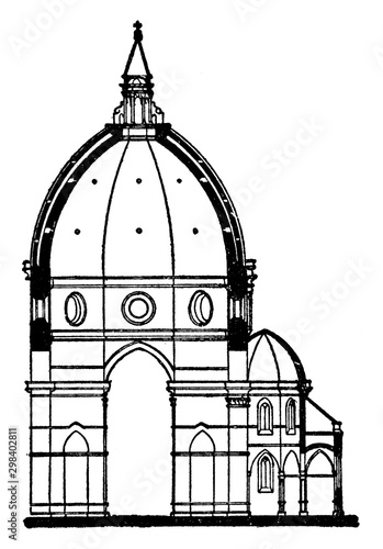Section of the Dome of Duomo, Florence, vintage engraving.