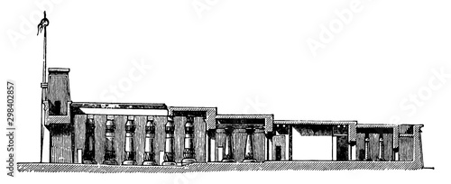 Cross Section of the Temple of Khonsu, new kingdom temple, vintage engraving.