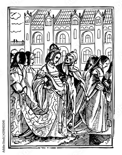 Dance of Death, The Queen walking with skeleton in this picture, vintage engraving.