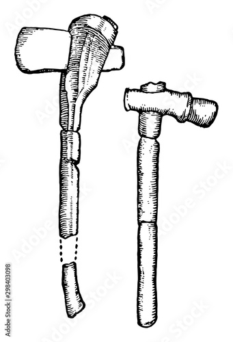 Neolithic Implements Stone and Horn Ax and Hammer, vintage illustration.