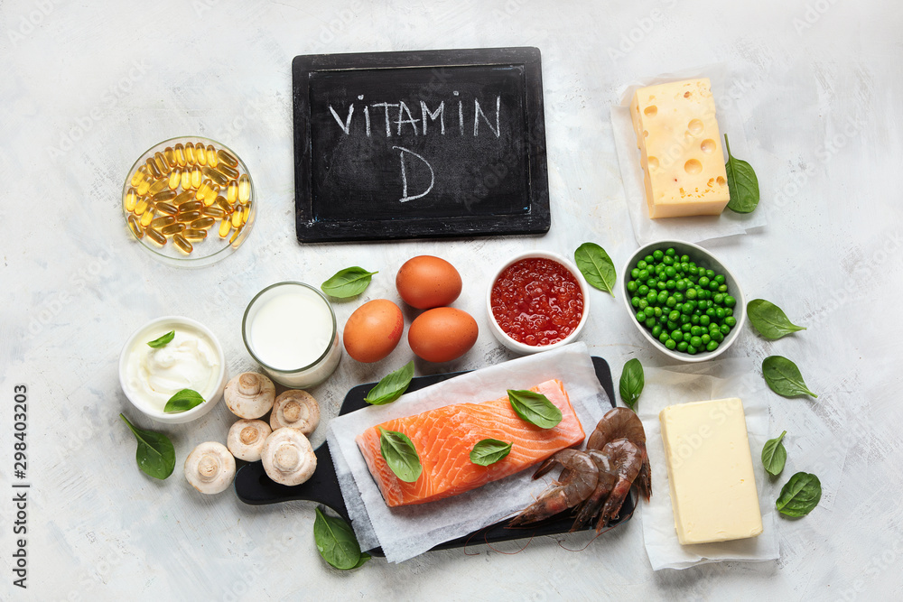 Vitamin D foods and capsulas. For Eye, bone and immune systems health, blood pressure regulation