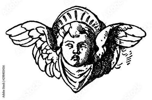 Cherub Head was used on a candelabrum in Certosa near Pavia, vintage engraving.