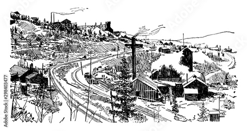 Tela Cripple Creek Mine, vintage illustration.