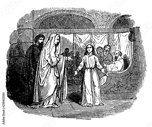 Finding Jesus in the Temple vintage illustration.
