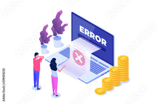 Payment error info message isometric concept.  Customer cross marks failure. Vector illustration.