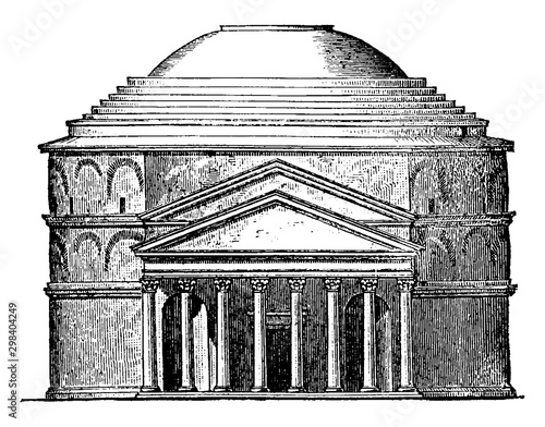 Façade of the Pantheon at Rome, vintage engraving.