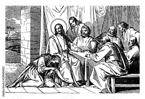 A Woman Washes and Anoints Jesus' Feet vintage illustration. photo