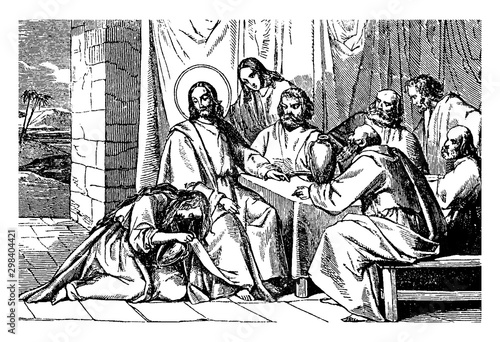 A Woman Washes and Anoints Jesus' Feet vintage illustration.