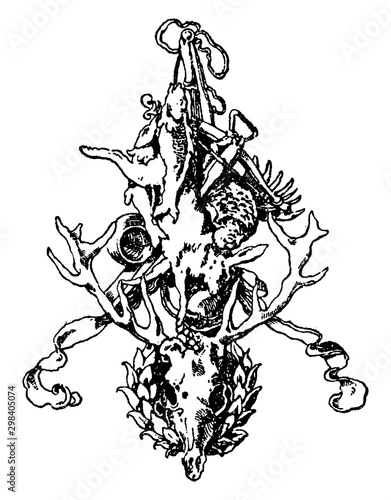 Hunting and Fishing Symbol was designed by Stuck of Munich, vintage engraving.