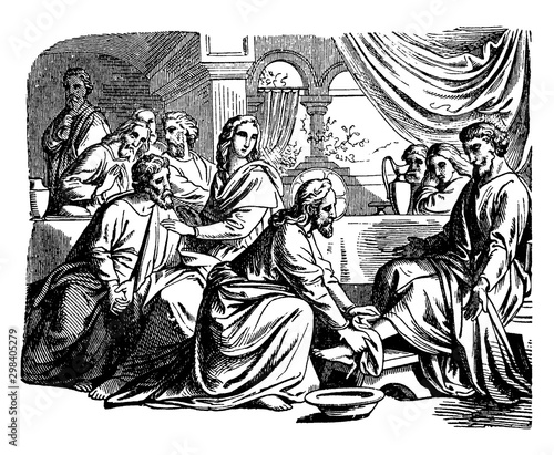 Jesus Washes the Feet of His Twelve Disciples after the Last Supper vintage illustration.