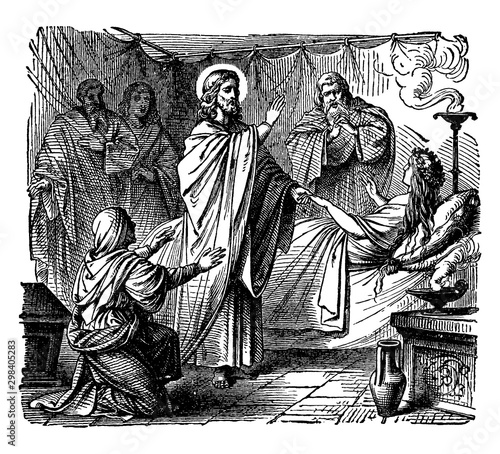 The Raising of Jairus' Daughter - Jesus Brings a Young Girl Back to Life vintage illustration.
