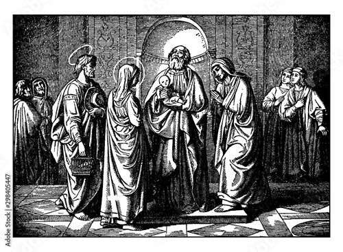Simeon Prophesies When Jesus is Presented at the Temple vintage illustration.