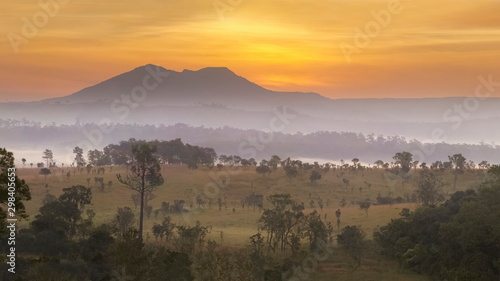 Fototapeta Naklejka Na Ścianę i Meble -  Mountain view panorama misty morning of peak mountain around with green forest and soft fog with yellow sun light in the sky background, sunrise at Thung Salang Luang, Khao Kho, Phetchabun, Thailand.