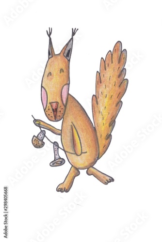 illustration drawn by hand with colored pencils. squirrel with mushrooms in cartoon style. Doodle