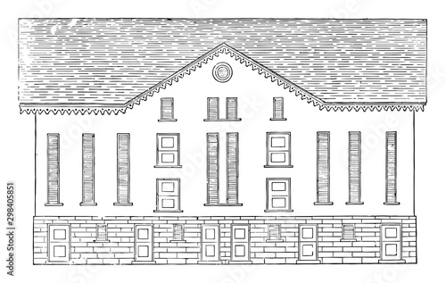 The Pennsylvanian barn, banked barn, vintage engraving.