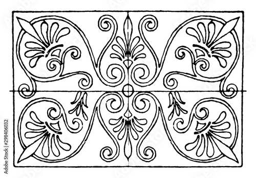 Greek Oblong Panel is found in the painted coffers of the ceilings of Propylaea, vintage engraving.