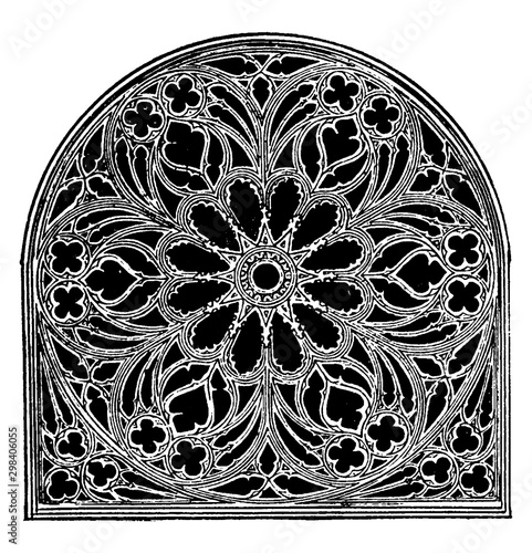 Rose Window, Church of St. Ouen, exterior of the cathedral,  vintage engraving.