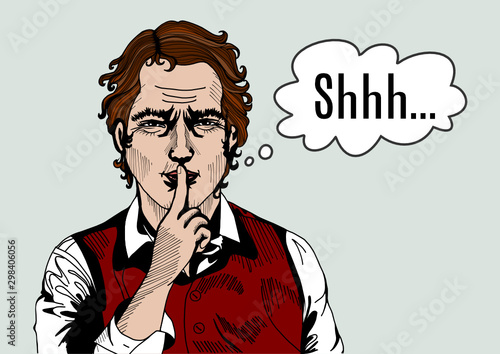 A man in a white shirt and a red vest saying Shh h emoji, emoticon with keep silent gesture, a finger on mouth pose, silence! stop talking! or shut up! expression, vector hand drawing