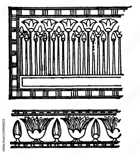 Egyptian Floral Ornament Form, masses of unbroken wall, vintage engraving.