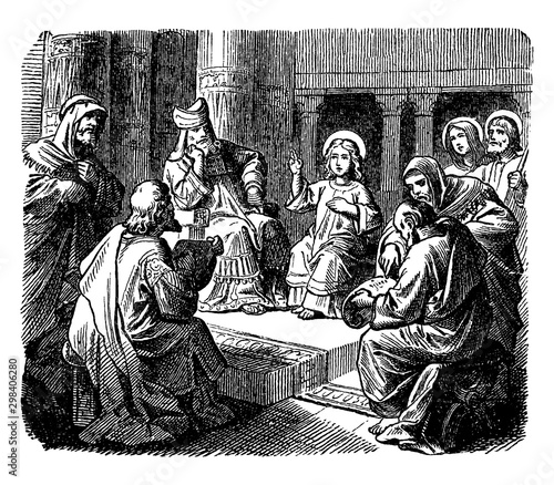 Jesus Teaching at the Temple at Twelve Years Old vintage illustration.