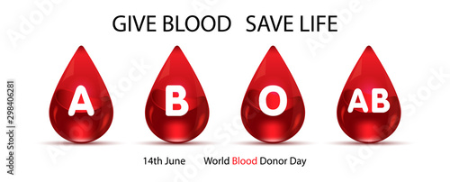 Red blood group droplets in glass style with slogan and the day, World Blood Donor Day lettering isolate on white background. Web banner and poster of World Blood Donor Day's campaign in vector design