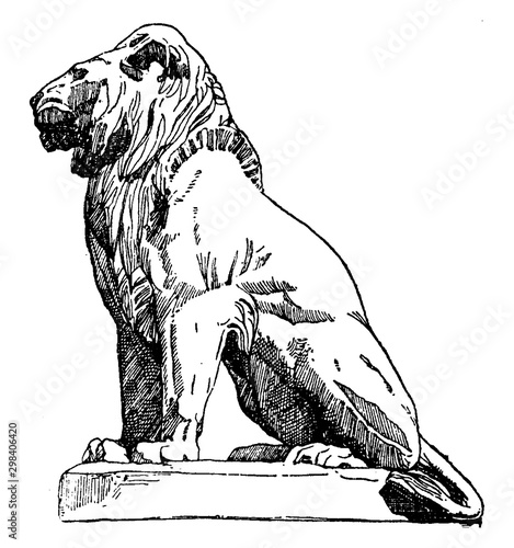 Lion Statue is found in front of the Louvre, vintage engraving.