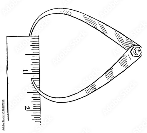 Reading the Outside Calipe, measuring tool such as a ruler,  vintage engraving.