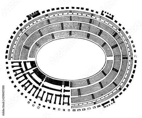 Ground Plan of the Colosseum,  representation of the Tiers of Seats, vintage engraving.