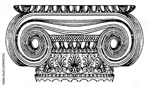 Graeco-Ionic Capital, design of a scroll rolled, vintage engraving.