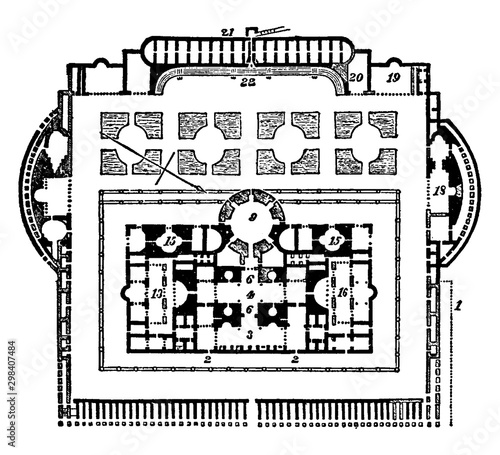 Baths of Caracalla, The ground plan, vintage engraving.
