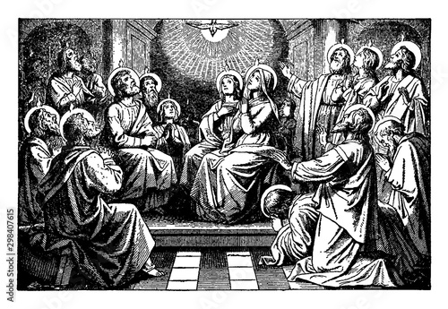 The Holy Spirit Descends on the Apostles and Disciples vintage illustration.
