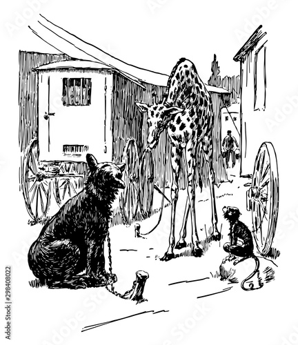 Giraffe Looking at Bear Cub Near Carts, vintage illustration.