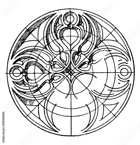 Gothic Circular Panel is a design found on an old cabinet, vintage engraving.