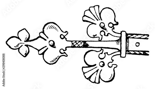 Gothic Hinge , mounting hardware,  vintage engraving.
