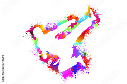 Popular sports of Taekwondo player. Colorful paint, drops, ink splashes, Goal, Logo, Icon, Exercise, Symbol, Silhouette, Background. Vector illustration.