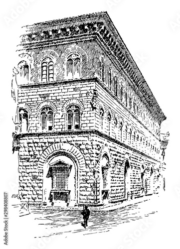 Medici Palace, architectural elements of rustication, vintage engraving.