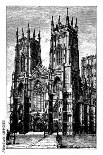 West Front of York Minster or Gothic cathedral, vintage engraving.
