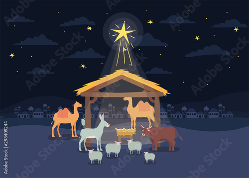 manger animals with cradle in wooden stable