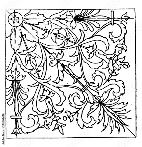 Renaissance Square Panel designed by wood carver Antonio Mercatello during in 1500, vintage engraving.