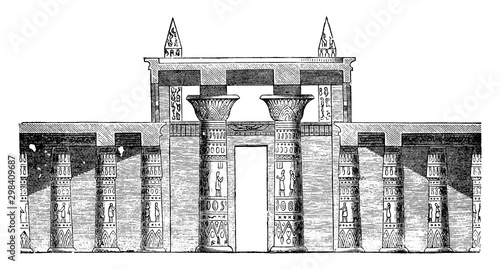 Hall Section of the Great Temple at, archaeological site, vintage engraving.
