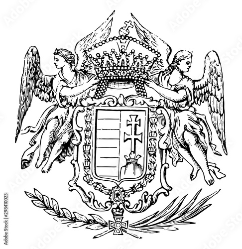 The Great Seal of Hungary is a Hungarian Coat of Arms, vintage engraving.